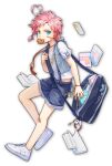  1boy aqua_eyes artist_request bag bandage_on_face bandage_on_knee bandages bandaid book bracelet cookie earrings food food_in_mouth jewelry mahjong_soul male_focus necklace official_art pink_hair qi_xi shorts simple_background solo transparent_background white_footwear yostar 