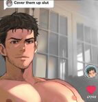  1boy bara black_hair chris_redfield closed_mouth cover_them_up_slut_(meme) dialogue_box facial_hair heart large_pectorals looking_at_viewer male_focus meme muscular muscular_male nipples pectoral_focus pectorals resident_evil resident_evil_1 short_hair solo stubble tirtyturtle upper_body 