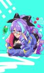  ! !! 1girl anno_(bambi1103no) bent_over black_bow black_dress blue_background blue_hair blue_jacket bow breasts cherry cleavage cleavage_cutout clothing_cutout cup dress drill_hair drinking_straw food fruit hair_bow highres jacket macross macross_delta medium_breasts mikumo_guynemer multicolored_hair purple_hair solo streaked_hair twitter_username 