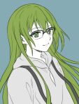  1other bangs bespectacled blue_background closed_mouth enkidu_(fate) eyebrows_visible_through_hair fate/strange_fake fate_(series) glasses green_eyes green_hair hair_between_eyes highres hood hood_down hooded_robe long_hair looking_at_viewer partially_colored robe simple_background smile solo tachitsu_teto upper_body 