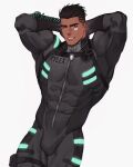  1boy abs arm_behind_head artist_name bara biceps black_hair bulge commission dark-skinned_male dark_skin highres jewelry jouvru looking_at_viewer male_focus military military_uniform muscular muscular_male necklace one_eye_closed original pectorals smile solo tattoo thick_eyebrows tight uniform 