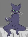  2021 anthro bed bedroom_eyes biped black_nose bodily_fluids breath canid canine canis cheek_tuft crotch_tuft cum cum_on_hand digital_media_(artwork) facial_tuft featureless_crotch fur furniture genital_fluids green_eyes grey_background kemono leaking_cum male mammal monotone_body monotone_fur narrowed_eyes navel nifuramu_(pizademokttero) nude on_bed pizademokttero purple_body purple_fur seductive simple_background sitting solo tuft wolf 