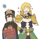  2boys :d armor bangs belt belt_buckle black_cape black_gloves black_headwear blonde_hair brown_belt brown_hair buckle cape closed_eyes closed_mouth crossed_arms earrings eyebrows_visible_through_hair family_crest fate/grand_order fate_(series) fingerless_gloves gloves grey_gloves hand_on_hip hat highres jason_(fate) jewelry koha-ace long_hair low_ponytail male_focus multiple_boys oda_nobukatsu_(fate) oda_uri pauldrons peaked_cap ponytail red_eyes red_shirt shirt shoulder_armor simple_background smile sparkle spoken_squiggle squiggle sweat tachitsu_teto vambraces white_background 