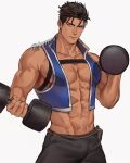  1boy abs artist_name bara biceps chest_harness dark dumbbell harness highres jacket jouvru looking_at_viewer male_focus manly muscular muscular_male navel original pants pectorals smile solo spiked_hair thick_arms topless topless_male yellow_eyes 
