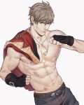  1boy abs bara belt biceps blood blood_on_face bruise cuts gloves grey_hair highres injury jacket jacket_over_shoulder jacket_removed jewelry jouvru looking_at_viewer male_focus muscular muscular_male navel necklace nipples original pants pectorals solo topless topless_male 