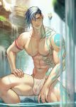  1boy abs armband artist_name bara biceps blue_hair fundoshi green_eyes highres japanese_clothes jouvru male_focus male_underwear muscular navel nipples one_eye_closed original pectorals rock smile tattoo thick_thighs thighs underwear water waterfall wet 