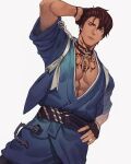  1boy abs artist_name belt bracelet brown_hair commission gloves highres japanese_clothes jewelry jouvru kimono looking_at_viewer male_focus muscular necklace original pectoral_cleavage pectorals purple_eyes scar solo tattoo yukata 