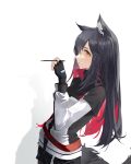  1girl absurdres animal_ear_fluff animal_ears arknights bangs belt black_capelet black_gloves black_hair capelet cowboy_shot fingerless_gloves food from_side gloves highres holding holding_food jacket kafka_(17367103139) long_hair long_sleeves looking_at_viewer looking_to_the_side orange_eyes parted_lips pocky red_hair sideways_glance simple_background solo tail texas_(arknights) white_background white_jacket wolf_ears wolf_girl wolf_tail 