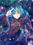  1girl blue_hair brown_eyes cape insignia lafiel long_hair military military_uniform ootsuki_tooru pointy_ears salute scepter science_fiction seikai_no_monshou seikai_no_senki smile solo space star_(sky) starry_background uniform 