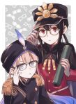  :o bangs bespectacled black_cape black_hair blue_hair brown-framed_eyewear brown_hair cape captain_nemo_(fate) closed_mouth eyebrows_behind_hair family_crest fate/grand_order fate_(series) glasses gloves gradient_hair grey_background hair_between_eyes hat highres holding koha-ace long_sleeves low_ponytail multicolored_hair nemo_(fate) oda_nobukatsu_(fate) oda_uri parted_lips peaked_cap ponytail red_eyes red_shirt round_eyewear shirt tachitsu_teto turban two-tone_background upper_body white_background white_gloves 