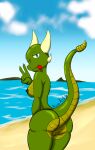  anthro beach breasts butt fantasy_creature female genitals hi_res kath(novaarts) kobold lizard nipples novaarts nude presenting presenting_hindquarters pussy reptile scalie seaside solo tongue tongue_out 