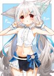  1girl animal_ears armpits commentary_request commission eyebrows_visible_through_hair flower fox_ears fox_girl fox_tail hair_ornament highres long_hair looking_at_viewer low_twintails original red_eyes sakurada_shiro skirt solo stomach tail twintails very_long_hair white_hair zumi6 