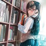  1girl absurdres ass backpack bag bangs black_hair black_skirt blunt_bangs blush book bookshelf breast_press closed_mouth collared_shirt commentary_request eyebrows_visible_through_hair glasses highres holding holding_book indoors l.f. library looking_at_viewer looking_to_the_side original pleated_skirt red_eyes school_uniform shirt skirt solo standing sweater_vest twintails uniform white_shirt 