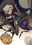 2girls bangs black_hair blue_eyes boots breasts brown_footwear brown_gloves cleavage colored_skin elbow_gloves english_commentary flying gloves halloween halloween_bucket highres medium_breasts mercy_(overwatch) moon multiple_girls official_alternate_costume overwatch pachimari parted_lips pharah_(overwatch) possessed_pharah purple_skin short_hair si_yu_anle smile thigh_boots thighhighs white_eyes witch_mercy 