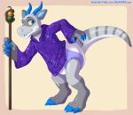 ambiguous_gender anthro bent_over carnival-tricks claws clothing cushypen diaper digitigrade dragon horn looking_back magic_user robe solo staff standing teeth watermark 