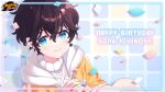  1boy absurdres black_hair blue_background blue_eyes border child confetti copyright english_text hair_between_eyes happy_birthday highres holding holding_toy ichinose_sora logo mahjong_soul male_focus official_art raised_eyebrows rubik&#039;s_cube sitting smile solo sweater toy yostar 