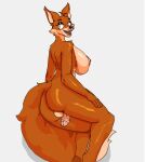  anthro balls big_breasts big_butt breasts butt canid canine digital_media_(artwork) fox fur genitals gynomorph hi_res huge_breasts humanoid_genitalia humanoid_penis intersex karen_the_fox_(mexicommie) lying mammal nayrb nipples nude on_side open_mouth orange_body orange_fur penis penis_tuck red_fox simple_background smile solo thick_thighs trans_(lore) trans_woman_(lore) wide_hips 