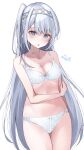  1girl :o absurdres bare_shoulders blush bra breasts cleavage collarbone cowboy_shot eyebrows_visible_through_hair fuyutsuki_(kancolle) grey_eyes haggy highres kantai_collection long_hair medium_breasts one_side_up panties silver_hair simple_background solo twitter_username underwear underwear_only very_long_hair white_background white_bra white_panties 