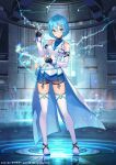  1girl aqua_eyes aqua_hair boots dead_or_alive dead_or_alive_6 detached_sleeves electricity expressionless fingerless_gloves fuzichoco glasses gloves hair_ornament hairclip highres id_card jacket jewelry name_tag nico_(doa) official_art ring short_hair shorts sleeveless solo thigh_boots thighhighs 