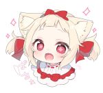  1girl :3 :d amai_hiyo amai_hiyo_channel animal_ears bib blonde_hair bow cat_ears cat_girl child commentary cropped_torso eyebrows eyelashes fangs forehead hair_bow hair_ornament highres indie_virtual_youtuber looking_at_viewer nachiru open_mouth red_bow red_eyes short_hair short_twintails sidelocks simple_background smile solo sparkle symbol-shaped_pupils tied_hair translation_request twintails virtual_youtuber white_background 