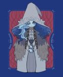  1girl blue_border blue_hair blue_skin border cape closed_mouth colored_skin cracked_skin dress elden_ring extra_arms extra_faces full_body fur_cape grey_headwear hat iccoco long_hair looking_at_viewer own_hands_together ranni_the_witch solo standing witch_hat 