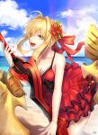  1girl ahoge bangs bare_arms beach black_dress blonde_hair blue_sky bow breasts cleavage cloud collarbone cowboy_shot day dress eyebrows_visible_through_hair fate/grand_order fate_(series) floating_hair flower green_eyes hair_between_eyes hair_bow hair_flower hair_intakes hair_ornament holding holding_sword holding_weapon layered_dress leaning_forward medium_breasts nero_claudius_(fate) nero_claudius_(swimsuit_caster)_(fate) ocean outdoors re_(re_09) red_bow red_flower short_dress short_hair_with_long_locks sidelocks sky sleeveless sleeveless_dress solo standing sword weapon 