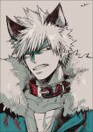  1boy animal_ear_request animal_ears bakugou_katsuki boku_no_hero_academia buckle chain clenched_teeth coat collar collarbone fur_collar green_coat male_focus mkm_(mkm_storage) monochrome pen_(medium) red_eyes simple_background solo spiked_hair teeth white_background 
