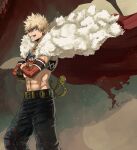 1boy abs bakugou_katsuki bead_necklace beads belt black_legwear blonde_hair boku_no_hero_academia capelet earrings fur_capelet grin jewelry male_focus mkm_(mkm_storage) multiple_necklaces necklace profile red_eyes signature smile solo spiked_hair sword teeth toned toned_male weapon 