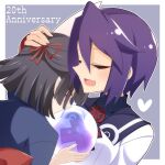  2girls animal_ears anniversary black_hair bow closed_eyes closed_mouth commentary_request crystal_ball english_text hair_between_eyes hair_bow hand_on_another&#039;s_head hasaha heart highres holding muchin_jousha multiple_girls open_mouth purple_hair rabbit_ears red_bow red_eyes short_hair summon_night summon_night_2 toris upper_body 