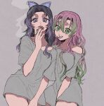  2girls black_hair cigarette green_eyes green_hair highres kanroji_mitsuri kimetsu_no_yaiba kochou_shinobu mm25 mole mole_under_eye multicolored_hair multiple_girls piercing pink_hair purple_eyes purple_hair red_nails simple_background smoking tongue tongue_out 