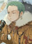  1boy 4myaku1 :t alcohol can earrings food fur_trim green_hair highres holding holding_can holding_food jacket jewelry male_focus one_eye_closed one_piece onigiri outdoors roronoa_zoro scar scar_across_eye snow snowing solo 