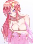  1girl bangs blush breasts closed_mouth collarbone covering covering_breasts gundam gundam_seed hair_between_eyes lacus_clyne long_hair looking_at_viewer medium_breasts pink_hair purple_eyes r2pi shiny shiny_hair simple_background smile solo upper_body very_long_hair white_background 
