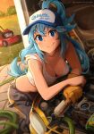  1girl aqua_(konosuba) baseball_cap black_footwear blue_eyes blue_hair blue_headwear blush boots breasts bright_pupils brush car cleavage closed_mouth collarbone commentary crop_top downblouse dusk dutch_angle engine english_commentary eyebrows_visible_through_hair flipped_hair full_body garage gloves grey_pants groin ground_vehicle hair_rings hat hedge highres hose khyle. kono_subarashii_sekai_ni_shukufuku_wo! lawn lawnmower leaning_on_object long_hair looking_at_viewer medium_breasts motor_vehicle multicolored_clothes multicolored_headwear multicolored_pants pants patreon_username plastic_bottle print_headwear shirt sidelocks single_glove sky sleeveless sleeveless_shirt smile solo straight_hair very_long_hair white_headwear white_shirt yellow_gloves yellow_pants 