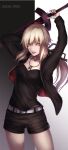  1girl arm_up artoria_pendragon_(fate) bangs belt belt_buckle black_jacket black_ribbon black_shirt black_shorts blonde_hair breasts buckle character_name cleavage collarbone cowboy_shot eyebrows_visible_through_hair fate/stay_night fate_(series) floating_hair hair_between_eyes hair_ribbon highres holding holding_sword holding_weapon jacket jewelry long_hair long_sleeves low_ponytail medium_breasts necklace open_clothes open_jacket open_mouth ponytail re_(re_09) red_lips ribbon saber_alter shiny shiny_hair shirt short_shorts shorts solo standing sword very_long_hair weapon white_belt yellow_eyes 