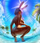  animal_ears anus ass barefoot beach blue_eyes blush breasts completely_nude dark_skin facial_mark feet final_fantasy final_fantasy_xiv from_behind hand_on_own_ass hand_on_own_knee highres large_breasts light_rays long_hair nude palm_tree purple_hair rabbit_ears rabbit_girl sky smile soles squatting sun sunlight tree viera wading water yonpii 