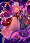  1girl barefoot biwa_lute dress flower hair_flower hair_ornament hairband highres instrument kotonoman long_hair long_sleeves looking_at_viewer lute_(instrument) musical_note open_mouth purple_eyes purple_hair shirt skirt smile solo touhou tsukumo_benben twintails 