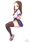  1girl absurdres bangs blue_sailor_collar blue_skirt brown_eyes brown_hair clothes_lift from_side full_body highres karakai_jouzu_no_takagi-san lifted_by_self looking_at_viewer medium_hair no_panties parted_bangs pleated_skirt sailor_collar school_uniform serafuku shirt shoes short_sleeves signature sitting skirt skirt_lift smile solo takagi-san triagorodri uwabaki white_background white_shirt 