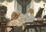  2boys animal_ears chair commentary_request dog_boy dog_ears feet_out_of_frame goat_boy goat_horns highres horns indoors kemonomimi_mode kneeling looking_at_another male_focus multiple_boys original p9_nai pectorals study_(room) topless_male 