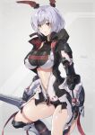  1girl breasts cowboy_shot expressionless eyebrows_visible_through_hair grey_hair hair_between_eyes hood hoodie large_breasts looking_at_viewer nandz navel parted_lips phantasy_star phantasy_star_online_2 red_eyes short_hair solo thick_thighs thighs zipper_pull_tab 