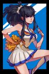  1girl absurdres alternate_costume bangs bare_shoulders black_border black_hair blue_background blue_eyes blue_nails border breasts cheerleader collarbone guggy_(guirgaleo) hair_ornament hand_up highres junketsu kill_la_kill kiryuuin_satsuki knee_up large_breasts long_hair looking_at_viewer nail_polish pom_pom_(cheerleading) ponytail solo standing standing_on_one_leg thick_eyebrows white_background 