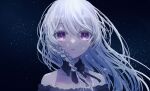  1girl absurdres black_collar black_ribbon braid collar collarbone crying crying_with_eyes_open detached_collar floating_hair highres long_hair looking_at_viewer neck_ribbon off_shoulder open_mouth original portrait purple_eyes ribbon saikisaika silver_hair single_braid solo tears wing_collar 
