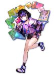  1girl artist_request bangs black_hair blue_eyes blue_hair blue_nails eyebrows_visible_through_hair grin himekawa_hibiki mahjong_soul multicolored_hair official_art rainbow_order raised_eyebrows shoes short_shorts shorts simple_background smile sneakers socks solo teeth transparent_background video_game yostar 