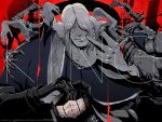  crown elden_ring extra_arms finger_in_mouth gauntlets godrick_the_grafted grin highres holding holding_crown josh_rayda king_(vocaloid) looking_at_viewer one_eye_closed red_eyes red_theme smile 