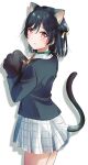  1girl absurdres animal_ear_fluff animal_ears animal_hands black_gloves black_hair black_jacket blush cat_ears cat_girl cat_tail collar cowboy_shot fang fang_out from_side fuyuu310 gloves green_collar hair_ribbon highres jacket long_sleeves looking_at_viewer love_live! love_live!_school_idol_festival_all_stars medium_hair mifune_shioriko miniskirt neck_ribbon nijigasaki_academy_uniform paw_gloves plaid plaid_skirt pleated_skirt red_eyes ribbon shiny shiny_hair simple_background skirt solo standing tail white_background white_skirt yellow_ribbon 