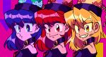 3girls black_shirt blonde_hair blue_eyes blue_hair breasts chain closed_mouth earth_(ornament) gold_chain grin hecatia_lapislazuli hecatia_lapislazuli_(earth) hecatia_lapislazuli_(moon) moon_(ornament) multiple_girls multiple_persona off-shoulder_shirt off_shoulder pink_background polos_crown red_eyes red_hair shirt small_breasts smile t-shirt takayo_(user_yeah3737) touhou yellow_eyes 