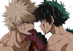  2boys bakugou_katsuki blonde_hair blood blood_on_face boku_no_hero_academia bruise freckles gloves green_eyes green_gloves green_hair hand_in_mouth injury looking_at_another male_focus midoriya_izuku mkm_(mkm_storage) multiple_boys red_eyes signature simple_background spiked_hair teeth toned toned_male torn_clothes white_background yaoi 