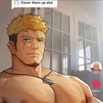  1boy bara blonde_hair chest_hair commission cover_them_up_slut_(meme) ear_piercing eyebrow_piercing facial_hair goatee green_eyes heart highres jewelry long_sideburns looking_at_viewer male_focus meme muscular necklace nipples original pectoral_focus pectorals peterhl piercing romg scar scar_across_eye scar_on_face second-party_source sideburns slit_pupils spiked_hair stubble thick_eyebrows topless topless_male 