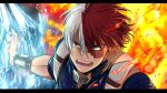  1boy blue_eyes boku_no_hero_academia burn_scar fire grey_eyes heterochromia highres ice incoming_attack looking_at_viewer male_focus mkm_(mkm_storage) multicolored_hair open_mouth red_hair scar scar_on_face signature solo split-color_hair teeth todoroki_shouto tongue two-tone_hair u.a._gym_uniform white_hair 