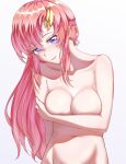  1girl bangs blush breasts closed_mouth collarbone completely_nude covering covering_breasts groin gundam gundam_seed hair_between_eyes lacus_clyne long_hair looking_at_viewer medium_breasts navel nude out-of-frame_censoring pink_hair purple_eyes r2pi shiny shiny_hair simple_background smile solo upper_body very_long_hair white_background 