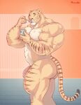  anthro big_butt big_muscles big_penis butt caught cutlery eating embarrassed felid flaccid food genitals hi_res huge_muscles hybrid hyper hyper_muscles kitchen_utensils liger lion mainlion male mammal muscular muscular_anthro muscular_male nude pantherine penis purrcules_(character) solo spoon stripes thick_thighs tools 